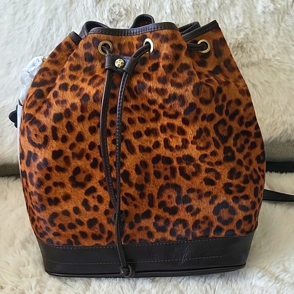 PATRICIA NASH Melrose Drawstring Leopard Calf Hair Chocolate Leather Bucket Bag